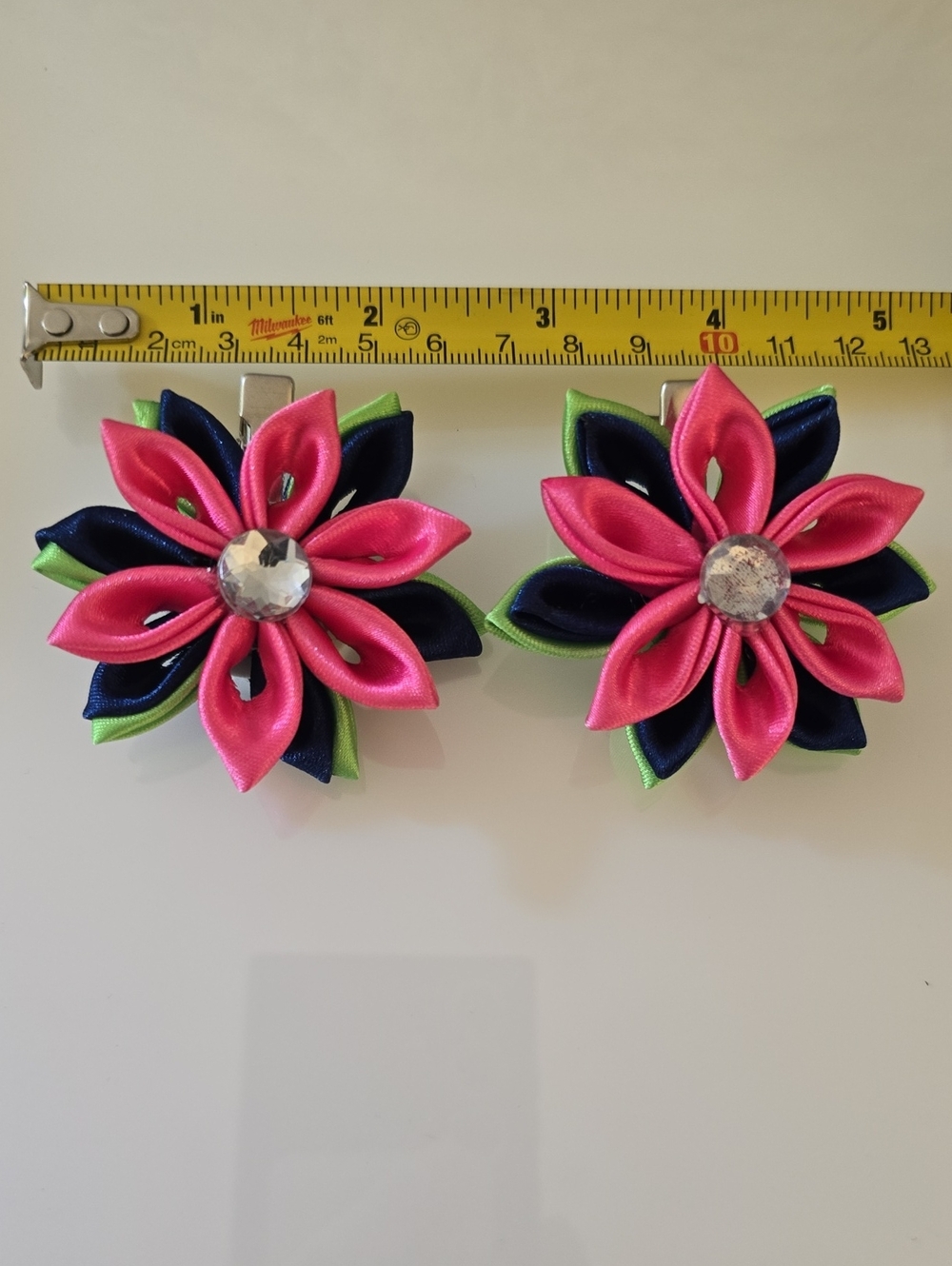 Handmade Pink Navy Green Floral Satin Hair Clips with Crystal Accent